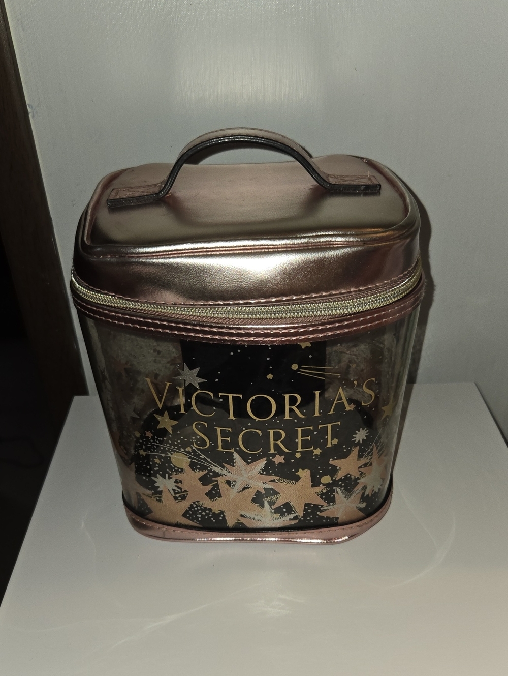 Victoria's Secret Metallic Rose Gold Cosmetic Case with Gold Star Print
